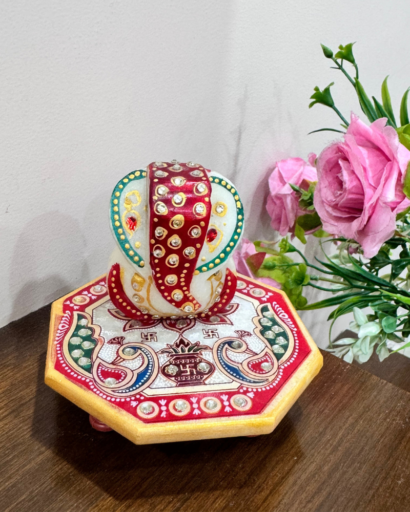 Decorative Marble Ganesha Idol with Ornate Pedestal