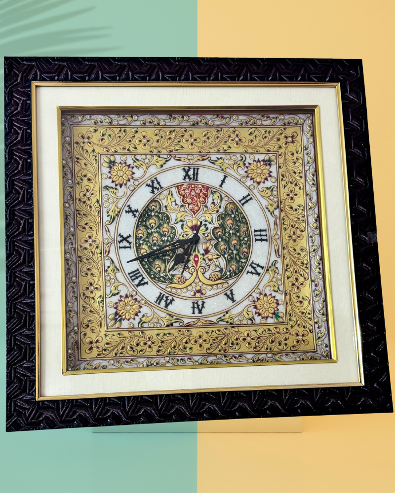 Handcrafted Ornate Square Clock with Golden Peacock Design - Elegant Home Decor
