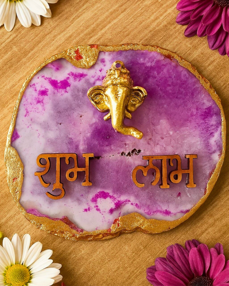 Purple Agate Shubh Labh Plaque with Ganesha - Auspicious Decor