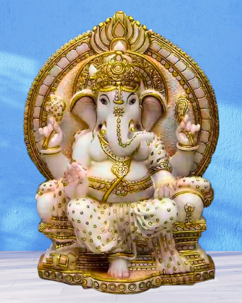 White & Gold Ganesha Idol with Ornate Halo