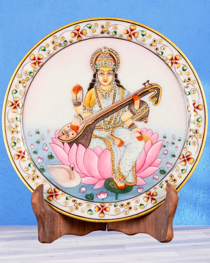 Handcrafted Saraswati Marble Plate with Wooden Stand